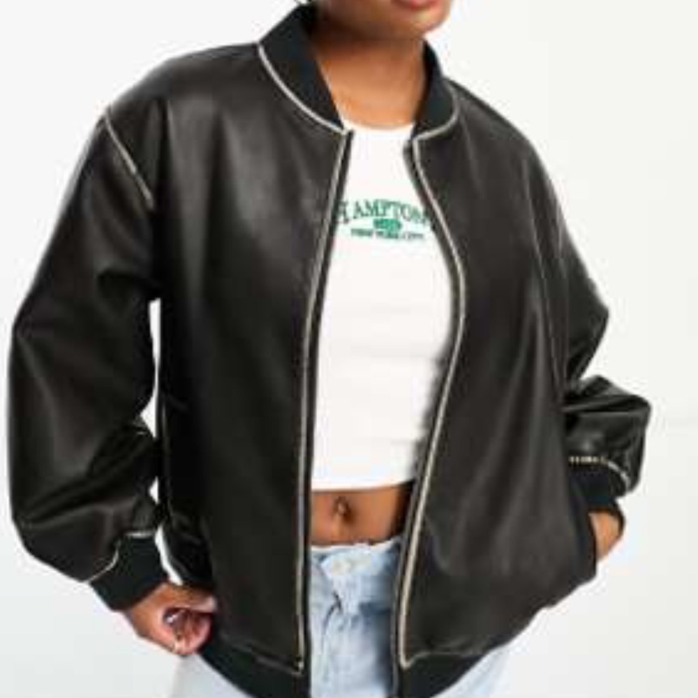 ASOS DESIGN Black washed faux leather bomber jacket size 10 Petite